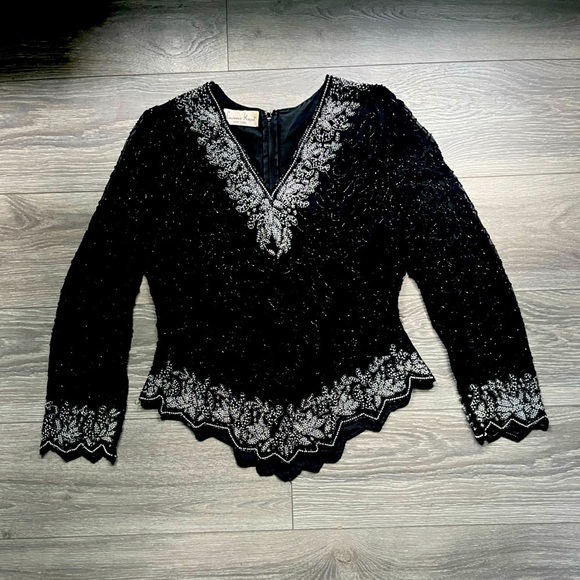 Laurence Kazar Tops - Vintage Laurence Kazar Black Silver All Over Beaded Long Sleeve Top Glam Party